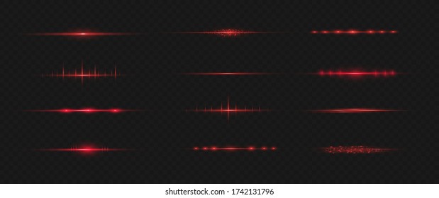 Rote, horizontale Linsenfackel Laserstrahlen, horizontale Lichtstrahlen. Schöne Lichtstrahlen. Glühende Streifen auf dunklem Hintergrund. Luminöser abstrakter glänzender Hintergrund.