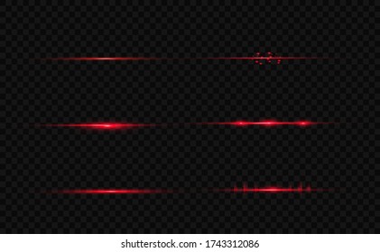 Red horizontal lens flares pack. Laser beams, horizontal light rays.Beautiful light flares. Glowing streaks on dark background. Luminous abstract sparkling lined background.