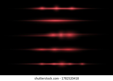 Paket mit roten horizontalen Objektivfackeln. Laserstrahlen, horizontale Lichtstrahlen. Schöne Lichtstrahlen. Glühende Streifen auf dunklem Hintergrund. Leuchtender abstrakter, funkelnder Hintergrund