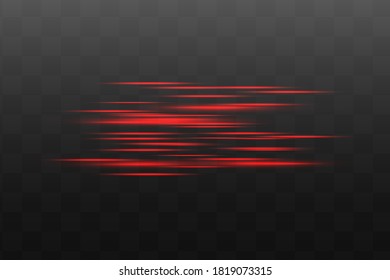 Paquete de bengalas horizontales rojas. Vigas láser, rayos de luz horizontales. Bellas llamaradas. Rasgos brillantes sobre fondo oscuro. Luminoso fondo brillante abstracto.