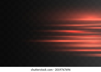 Paquete de bengalas horizontales rojas. Vigas láser, rayos de luz horizontales. Bellas llamaradas. Rasgos brillantes sobre fondo oscuro. Luminoso fondo brillante abstracto.