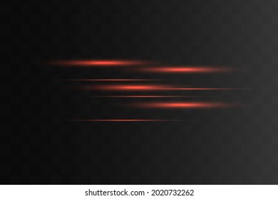 Red horizontal lens flares pack. Laser beams, horizontal light rays.Beautiful light flares. Glowing streaks on dark background. Luminous abstract sparkling lined background.