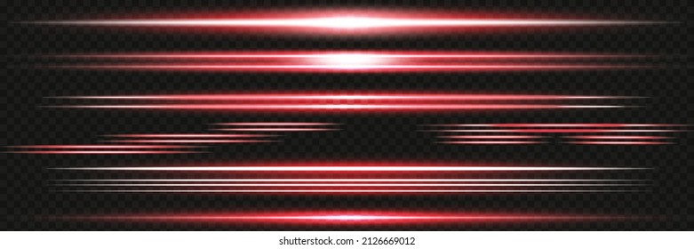 Paquete de bengalas horizontales rojas. Vigas láser, rayos de luz horizontales. Bellas llamaradas. Rasgos brillantes sobre fondo oscuro. Resumen luminoso 