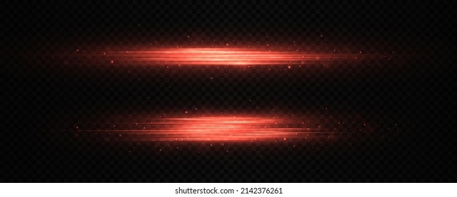 Paket mit roten horizontalen Objektivfackeln. Laserstrahlen, horizontale Lichtstrahlen. 
