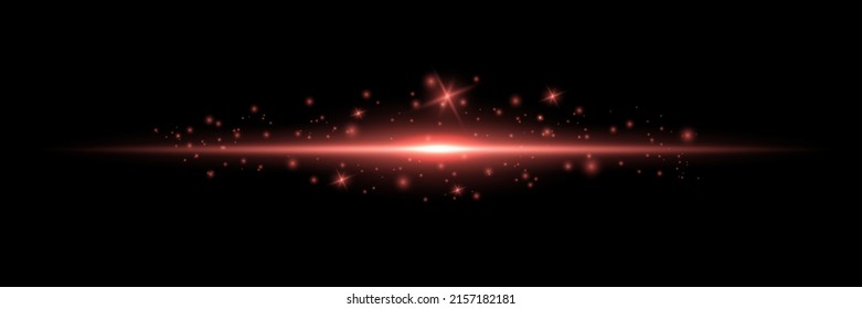 Red horizontal lens flares pack. Laser beams, horizontal light rays.Beautiful light flares. Glowing streaks on dark background. Luminous abstract sparkling lined background.