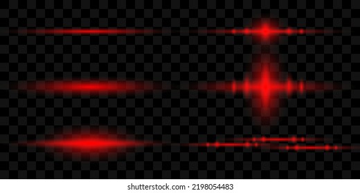 Red horizontal lens flares pack. Laser beams, horizontal light rays.Beautiful light flares. Glowing streaks on dark background. Luminous abstract sparkling lined background.