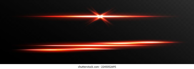 Red horizontal lens flares pack. Laser beams, horizontal light rays.Beautiful light flares. Glowing streaks on dark background. Luminous abstract sparkling lined background.
