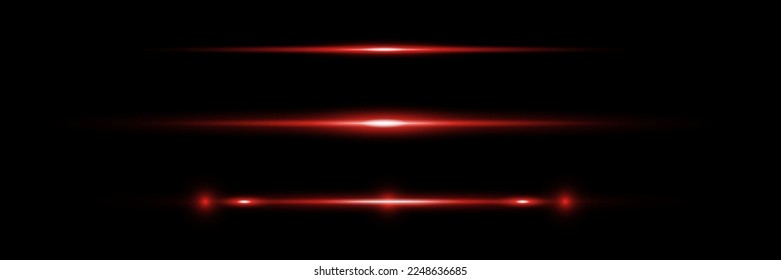 Red horizontal lens flares pack. Laser beams, horizontal light rays.Beautiful light flares. Glowing streaks on dark background. Luminous abstract sparkling lined background.