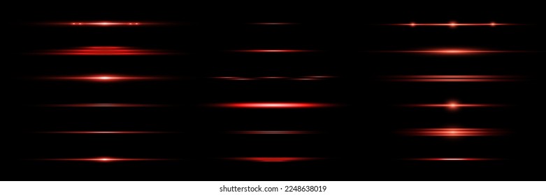 Red horizontal lens flares pack. Laser beams, horizontal light rays.Beautiful light flares. Glowing streaks on dark background. Luminous abstract sparkling lined background.