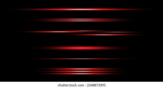 Red horizontal lens flares pack. Laser beams, horizontal light rays.Beautiful light flares. Glowing streaks on dark background. Luminous abstract sparkling lined background.