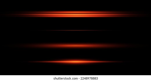 Red horizontal lens flares pack. Laser beams, horizontal light rays.Beautiful light flares. Glowing streaks on dark background.