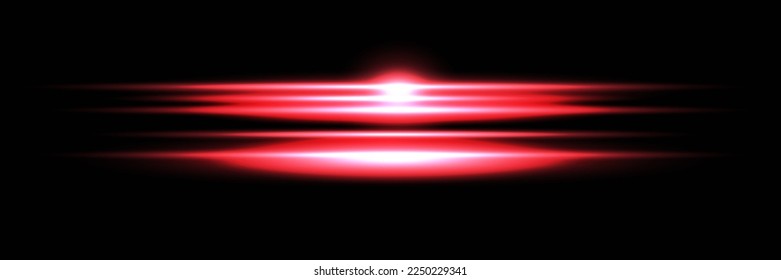 Red horizontal lens flares pack. Laser beams, horizontal light rays.Beautiful light flares. Glowing streaks on dark background. Luminous abstract sparkling lined background.