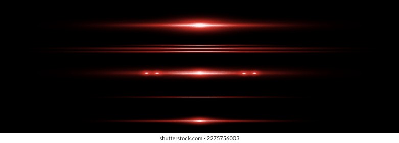 Red horizontal lens flares pack. Laser beams, horizontal light rays.Beautiful light flares. Glowing streaks on dark background.	
