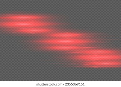 Red horizontal lens flares pack. Laser beams, horizontal light rays.Beautiful light flares. Glowing streaks on dark background. Luminous abstract sparkling lined background.