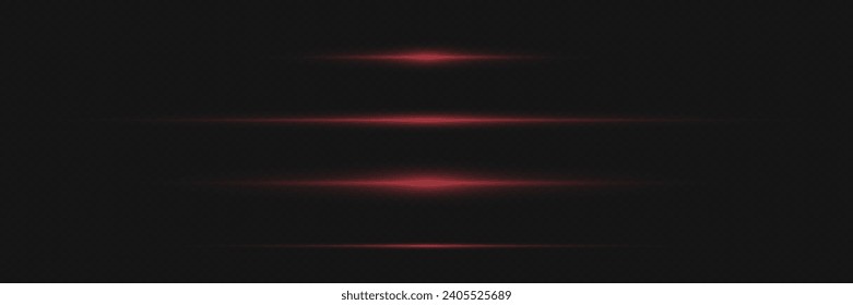 Red horizontal lens flares pack. Laser beams, horizontal light rays.Beautiful light flares. Glowing streaks on dark background.
