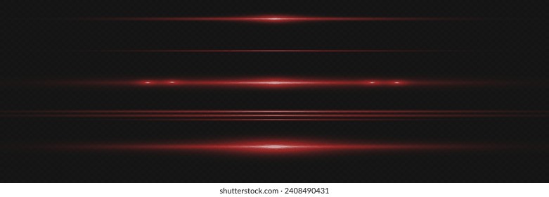 Paket mit roten horizontalen Objektivfackeln. Laserstrahlen, horizontale Lichtstrahlen. Schöne Lichtstrahlen. Glühende Streifen auf dunklem Hintergrund.