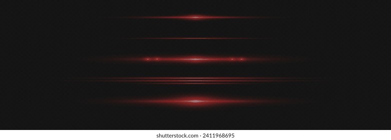 Paquete de bengalas horizontales rojas. Vigas láser, rayos de luz horizontales. Bellas llamaradas. Rasgos brillantes sobre fondo oscuro.