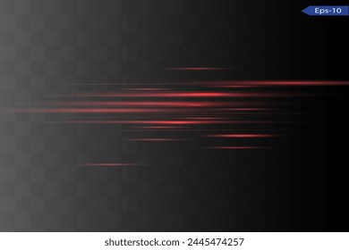  Paquete de destellos de lente Horizontal roja. Rayos láser, rayos de luz Horizontal. Hermosas llamaradas de luz. Rayas brillantes sobre fondo oscuro. Fondo brillante abstracto luminoso.