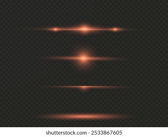 Red horizontal lens flares pack. Laser beams, horizontal light rays. Beautiful light flares. Glowing streaks on light background. Light line effect Red png.