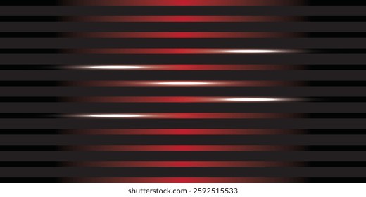 Red horizontal lens flares pack. Laser beams, horizontal light rays.Beautiful light flares. Glowing streaks on dark background. Luminous abstract sparkling lined background.