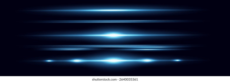 Red horizontal lens flares pack. Laser beams, horizontal light rays.Beautiful light flares. Glowing streaks on dark background. Luminous abstract sparkling lined background