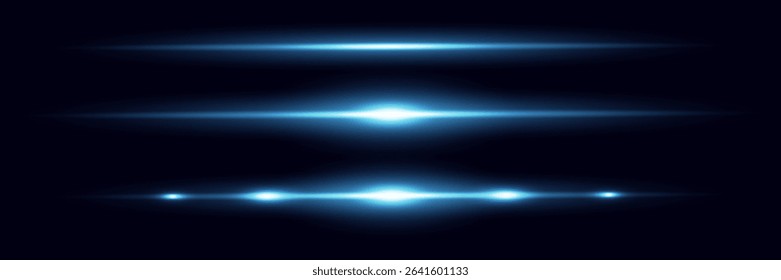 Red horizontal lens flares pack. Laser beams, horizontal light rays.Beautiful light flares. Glowing streaks on dark background. Luminous abstract sparkling lined background