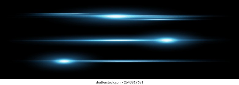 Red horizontal lens flares pack. Laser beams, horizontal light flares. Glowing streaks on dark background. Luminous abstract sparkling lined background.