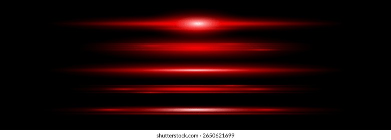 Lente horizontal vermelha flares pack. Feixes de laser, raios de luz horizontais. Listras brilhantes no plano de fundo escuro. Luminoso abstrato brilhante fundo forrado.