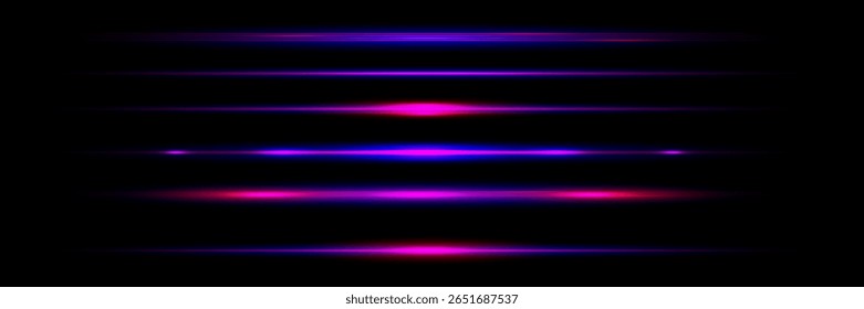 Lente horizontal vermelha flares pack. Feixes de laser, raios de luz horizontais. Listras brilhantes no plano de fundo escuro. Luminoso abstrato brilhante fundo forrado.