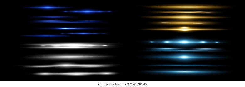 Lente horizontal vermelha flares pack. Feixes de laser, raios de luz horizontais. Listras brilhantes no plano de fundo escuro. Luminoso abstrato brilhante fundo forrado.