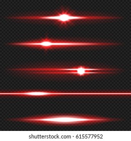 Red horizontal lens flares pack. Laser beams, horizontal light rays. Vector, eps10. 