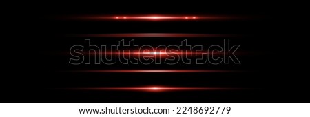 Red horizontal lens flares pack. Laser beams, horizontal light rays.Beautiful light flares. Glowing streaks on dark background. Luminous abstract sparkling lined background.