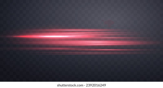 Red horizontal lensflare. Light flash with rays or spotlight and bokeh. Red glow flare light effect. Vector illustration. Isolated on dark transparent background.