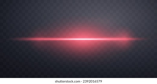 Red horizontal lensflare. Light flash with rays or spotlight and bokeh. Red glow flare light effect. Vector illustration. Isolated on dark transparent background.