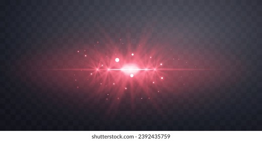 Roter horizontaler Lensflare. Lichtblitz mit Strahlen oder Spotlight und Bokeh. Roter Lichteffekt mit glatter Flamme. Vektorgrafik. Einzeln auf dunkeltransparentem Hintergrund.