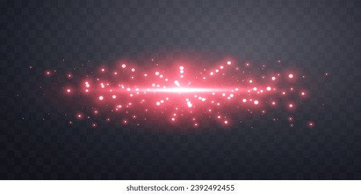 Red horizontal lensflare. Light flash with rays or spotlight and bokeh. Red glow flare light effect. Vector illustration. Isolated on dark transparent background.