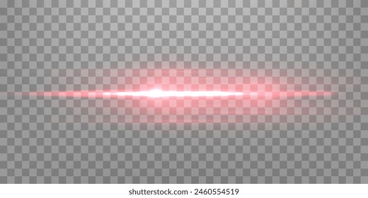 Red horizontal lensflare. Light flash with rays or spotlight. Red glow flare light effect. Vector illustration. Isolated on transparent background.