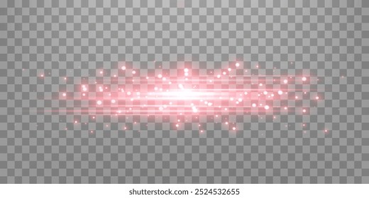 Red horizontal lensflare. Light flash with rays or spotlight and bokeh. Red glow flare light effect. Vector illustration. Isolated on transparent background.