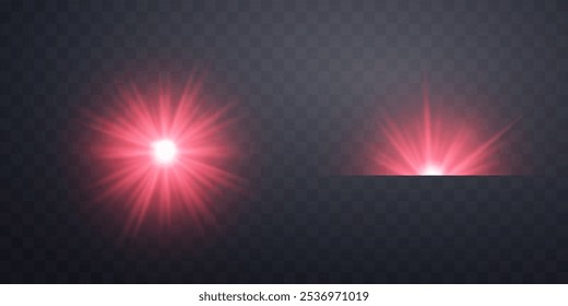 Red horizontal lensflare. Light flash with rays or spotlight and bokeh. Red glow flare light effect. Vector illustration. Isolated on dark transparent background.