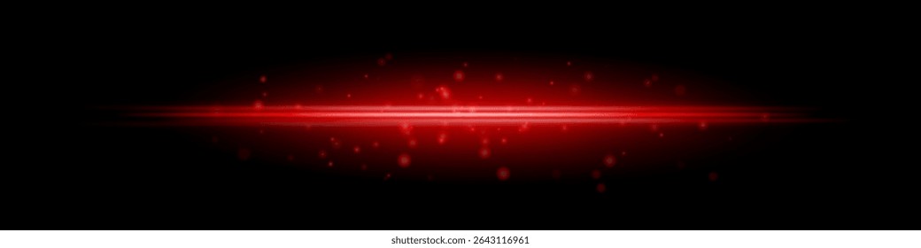 Red horizontal light beam with glowing dust particles and radiant motion blur on black background. Perfect for fantasy transitions, luxury effects, or magical digital overlays.