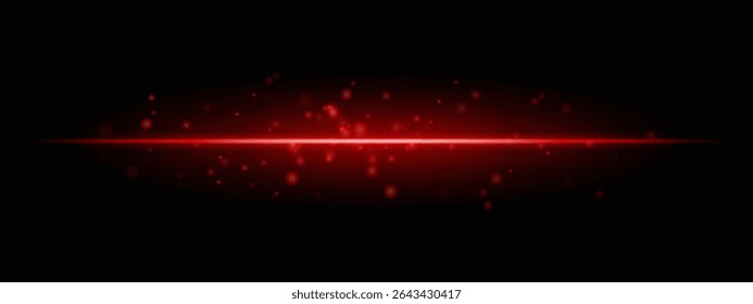 Red horizontal light beam with glowing dust particles and intense aura on transparent background. Dynamic sci-fi flare ideal for energy effects, laser HUDs, or dramatic transitions.