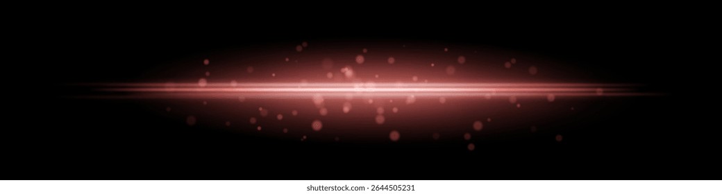 Red horizontal light beam with glowing dust particles and radiant motion blur on black background. Perfect for fantasy transitions, luxury effects, or magical digital overlays.