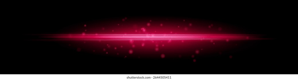 Red horizontal light beam with glowing dust particles and radiant motion blur on black background. Perfect for fantasy transitions, luxury effects, or magical digital overlays.