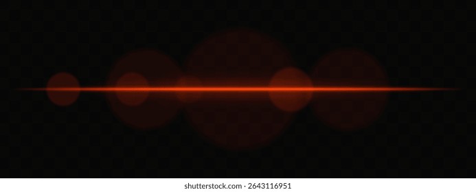Feixe de luz horizontal vermelho com círculos suaves no fundo transparente. Exacerbação de lentes cinematográficas limpas para ficção científica, transições tecnológicas ou sobreposições brilhantes de interface do usuário com brilho.