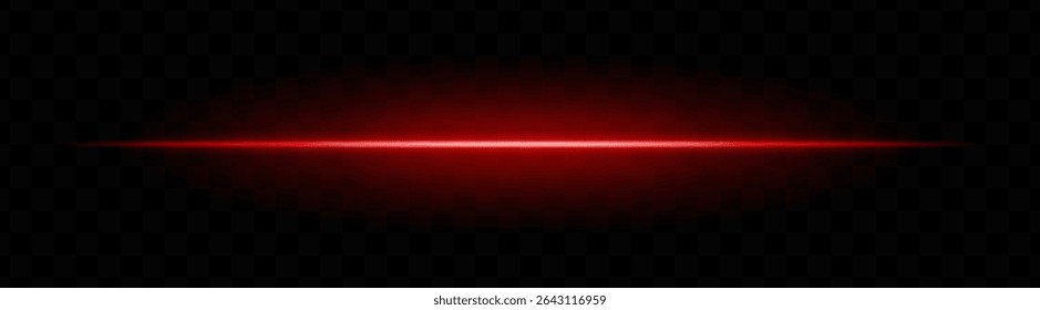 Red horizontal light beam with soft glow and vibrant aura on transparent background. Futuristic laser stripe ideal for energy effects, sci-fi transitions, or glowing overlays.