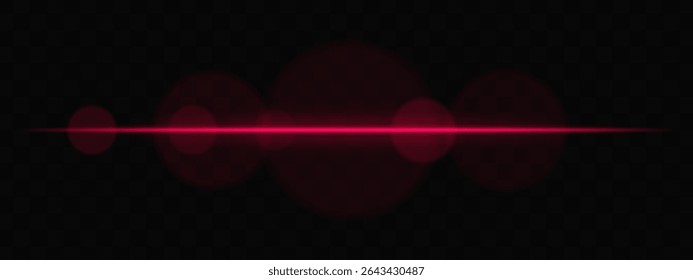 Feixe de luz horizontal vermelho com círculos suaves no fundo transparente. Exacerbação de lentes cinematográficas limpas para ficção científica, transições tecnológicas ou sobreposições brilhantes de interface do usuário com brilho.