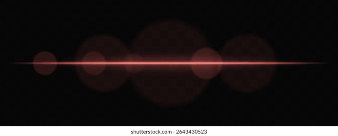 Red horizontal light beam with soft glare circles on transparent background. Clean cinematic lens flare for sci-fi, tech transitions, or bright glowing UI overlays.