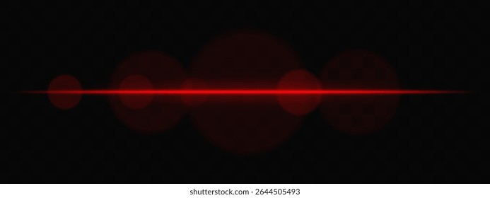 Feixe de luz horizontal vermelho com círculos suaves no fundo transparente. Exacerbação de lentes cinematográficas limpas para ficção científica, transições tecnológicas ou sobreposições brilhantes de interface do usuário com brilho.