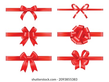 Red horizontal ribbons with different types of bows for decorate invitation card realistic set isolated vector illustration