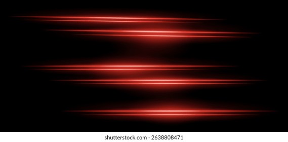 Red horizontal streaks. Multiple soft glowing lines with blur effect on black background, arranged vertically with smooth motion. Ideal for sci-fi, speed, abstract energy.